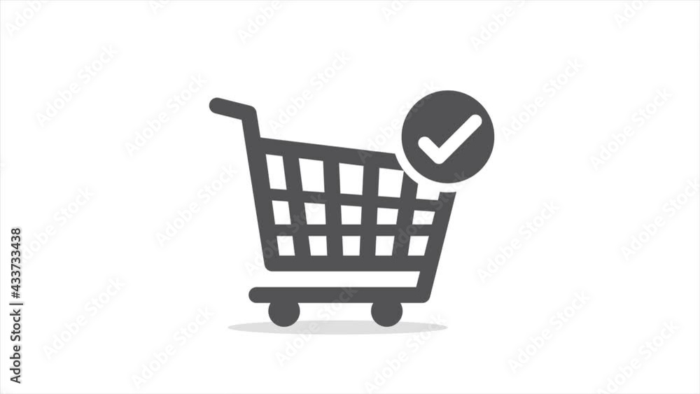 Shopping cart with check mark icon isolated on white background. Supermarket basket with approved Shopping cart with check mark icon isolated on white background. Supermarket basket with approved
