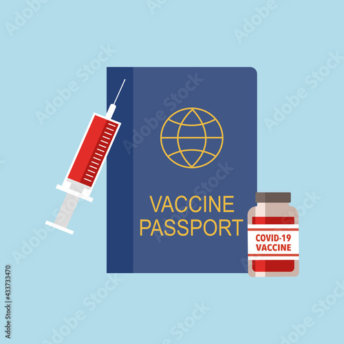 covid19 vaccine passport with injection syringe and vaccine bottle in flat design. Immune tested passport concept vector illustration.