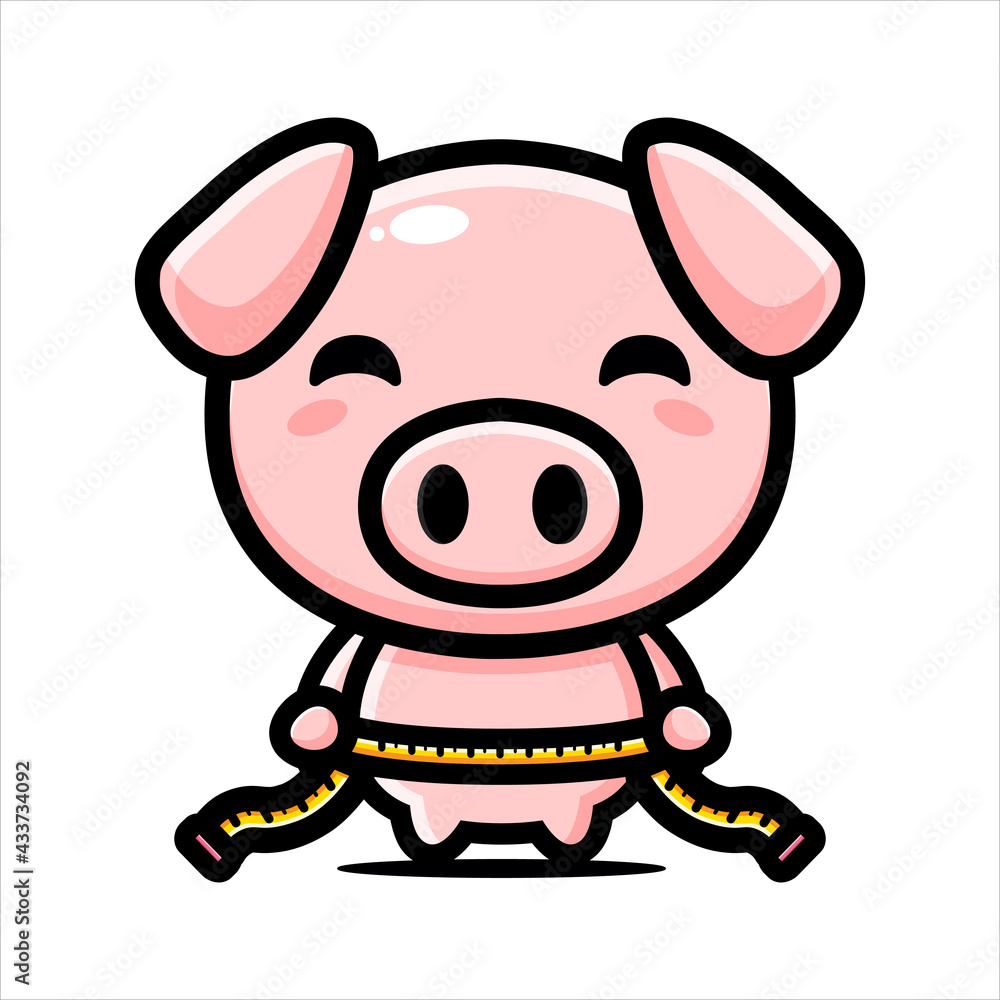 vector design of cute pig animal character measuring body with tape measure vector design of cute pig animal character measuring body with tape measure