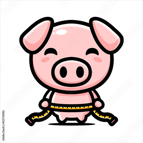 vector design of cute pig animal character measuring body with tape measure
