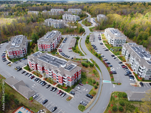 aerial view of apartment buildings in residential district