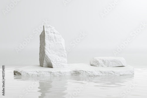 cosmetic display product stand White stone podium scene on water background