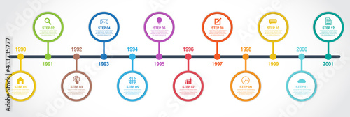 Abstract business infographics template with 12 circles on timeline diagrams.