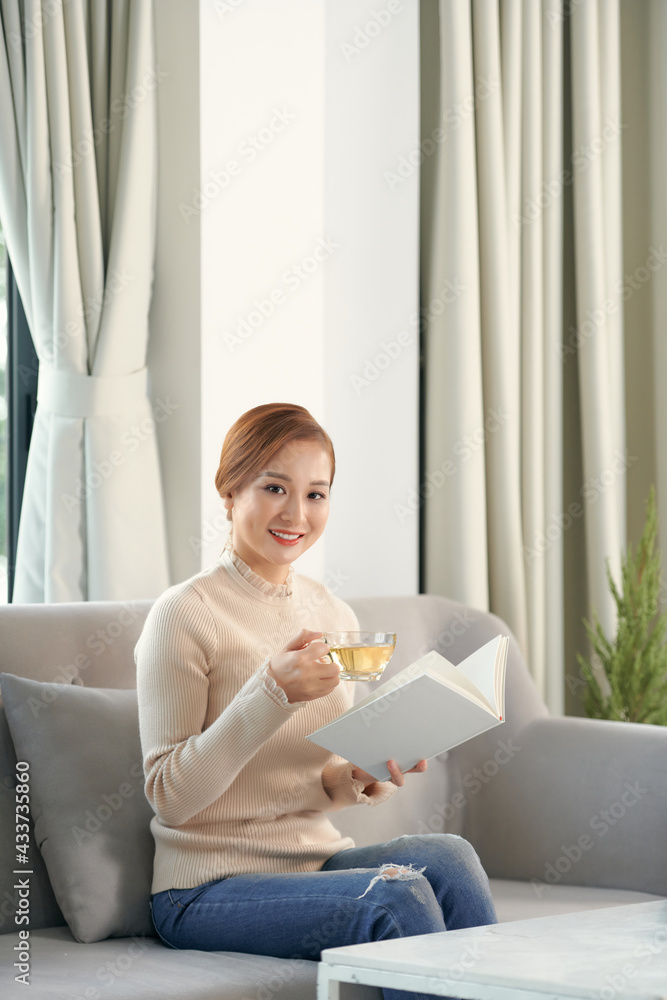 Pretty young woman relaxing reading a book on a comfortable sofa at home Pretty young woman relaxing reading a book on a comfortable sofa at home