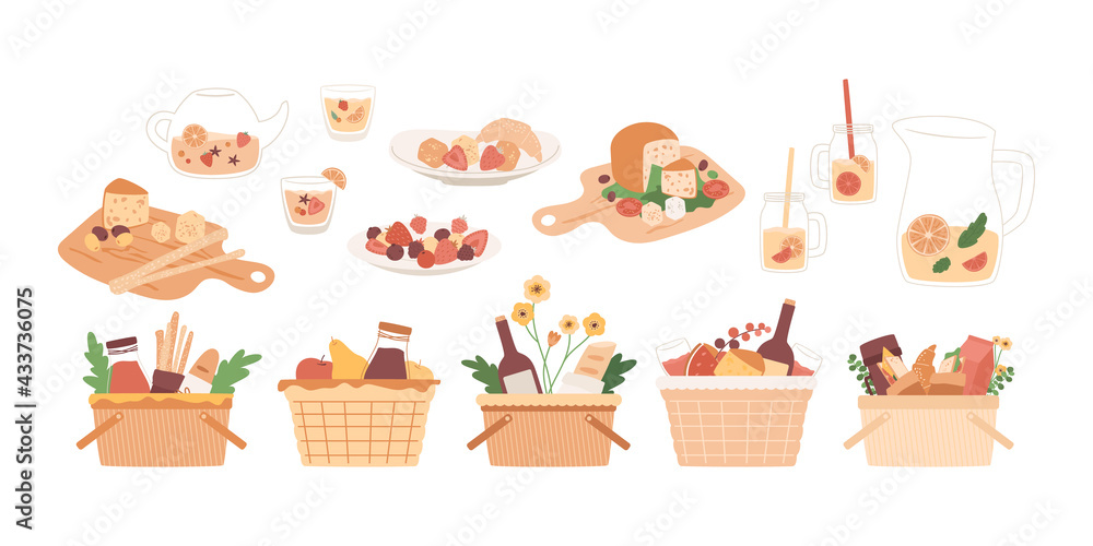 Picnic baskets set. Food in wicker crate, lemonade and ice tea. Wine, juice bottle, cheese board, fruits on plate, bread sticks, baguette. Lunch, dining in park isolated elements. Summer illustration Picnic baskets set. Food in wicker crate, lemonade and ice tea. Wine, juice bottle, cheese board, fruits on plate, bread sticks, baguette. Lunch, dining in park isolated elements. Summer illustration