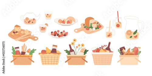 Picnic baskets set. Food in wicker crate, lemonade and ice tea. Wine, juice bottle, cheese board, fruits on plate, bread sticks, baguette. Lunch, dining in park isolated elements. Summer illustration
