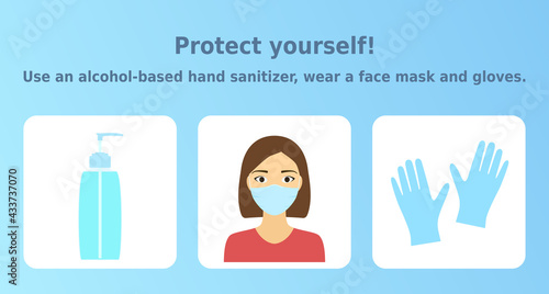 Vector illustration 'Protect yourself! Use an alcohol-based hand sanitizer, wear a face mask and gloves'. 3 icons set. Personal protective equipment items. Infographic for health posters and banners.