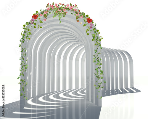 Fototapeta Naklejka Na Ścianę i Meble -  3D background abstraction. 3D tunnel of arches.
three-dimensional composition of white arches. Arch with flowers on a white background.