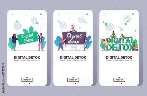 set mix race girls spending time without devices digital detox concept women abandoning gadgets