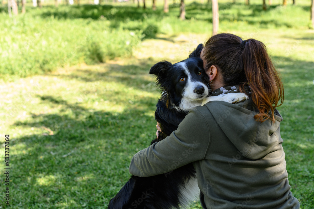 Dog cuddling a woman in a park