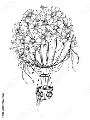 Hand drawn sketch black and white coloring page of vintage air balloon, flowers daisy, sky, ribbon. Vector illustration. Engraved style.