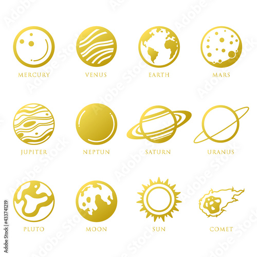 solar system planets. Astronomical observatory small planet pluto, venus mercury earth moon neptune uranus meteor crater and star universe astronaut sign. Astronomy galaxy space vector isolated Golden