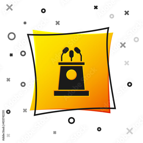 Black Stage stand or debate podium rostrum icon isolated on white background. Conference speech tribune. Yellow square button. Vector Illustration