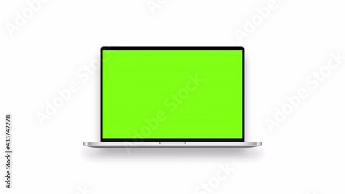 Laptop Animated Mockup with Green Screen, Front View, Isolated on White Background. 4K Animation with Camera Zoom Motion