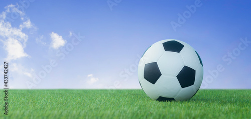 football on grass on blue sky background panorama