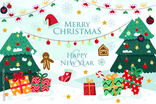 Chirstmas greeting vector template. Merry christmas everyone greeting with colorful elements of xmas decor like gift, candy cane, and ball.