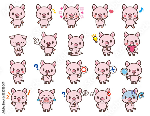 Cute pig Character Vector Art ブタのかわいいキャラクターセット