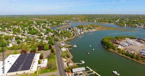 Saugus River and historic residential buildings at the waterfront aerial view near the river mouth to ocean in town of Saugus, Massachusetts MA, USA.  photo