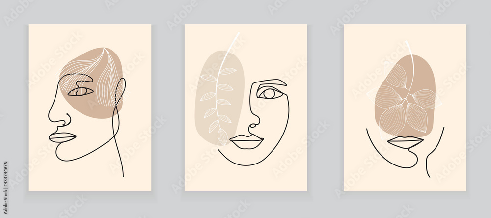 Boho women faces on abstract wall art vector. Surreal portraits set, girl face with leaves in line style.