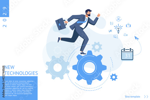 Sports businessman on a business treadmill with of gears. Concept of achieving business goal, man winner. Blue creative design, background. Social digital network, movement. Vector illustration icons