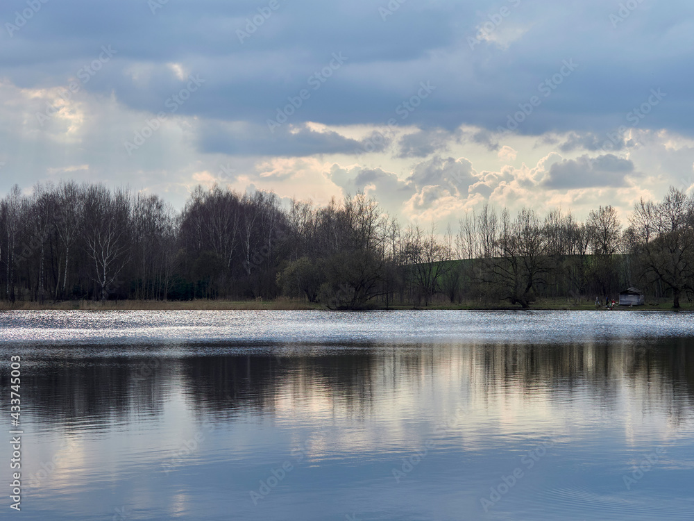 Spring landscape. Forest, river and field in early spring.