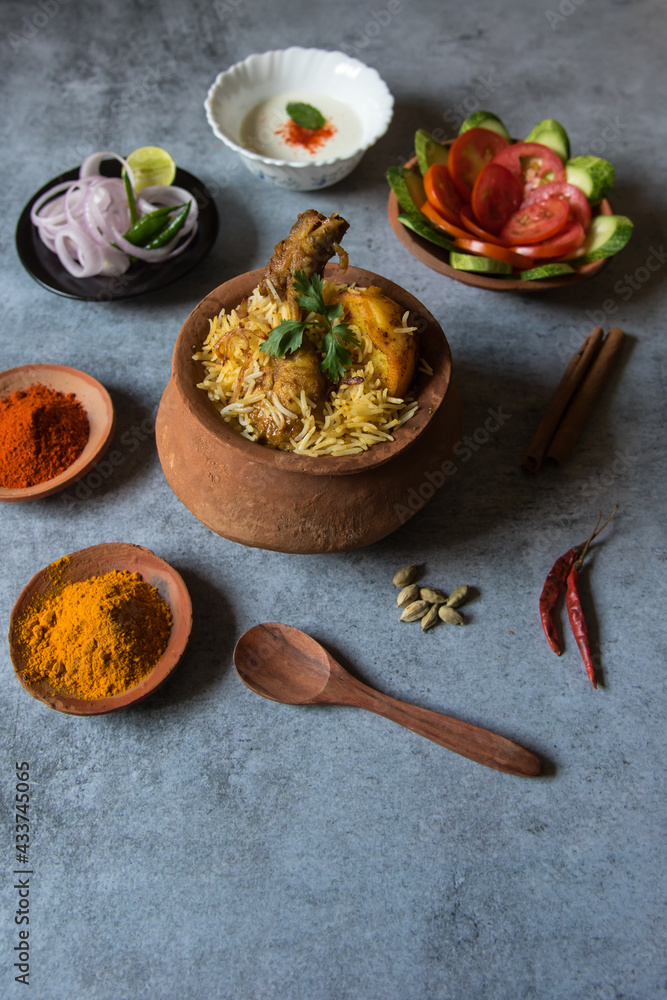 Indian mughal food biryani or rice cooked with Indian spices and meat. Close up.