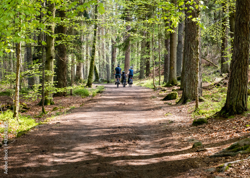 Family cycling through a mud road in forest near gothenburg sweden during early spring