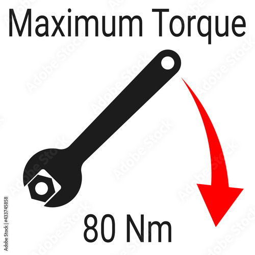 Maximum torque momentum sign. Open-end wrench tightening the nut with the direction of force. Vector logo for technical instruction that controls the maximum allowable torque. Nut tightening direction photo