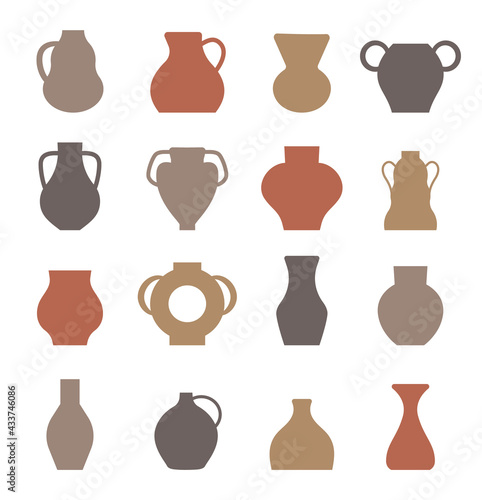 Jug boho set vector. Vase, vessel, amphora elements in bohemian style.