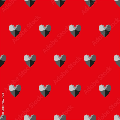 Trendy seamless pattern with black faceted hearts. Vector illustrations of diamond hearts isolated on a red background. Polka dot pattern. For wrapping paper, textiles, postcards, Valentine's Day.