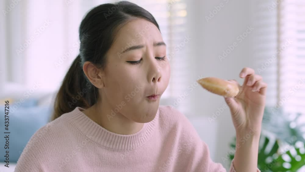 Young attractive beautiful asian female hungry eat doughnut take away snack food with full mouth look at computer notebook at home in busy work from home multitask unhealthy meal lifestyle concept. Young attractive beautiful asian female hungry eat doughnut take away snack food with full mouth look at computer notebook at home in busy work from home multitask unhealthy meal lifestyle concept.