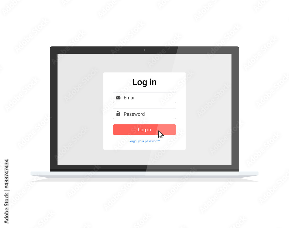 Laptop with log in form interface on the screen. For a web page, sign in to account, user authorization, login authentication page. Flat vector.