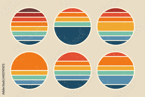 Sun retro badge and emblem set. Abstract ocean view background inside circles shapes with geometric vintage distressed style. Perfect for sticker, logo, icon, t-shirt or any purpose. © Roni