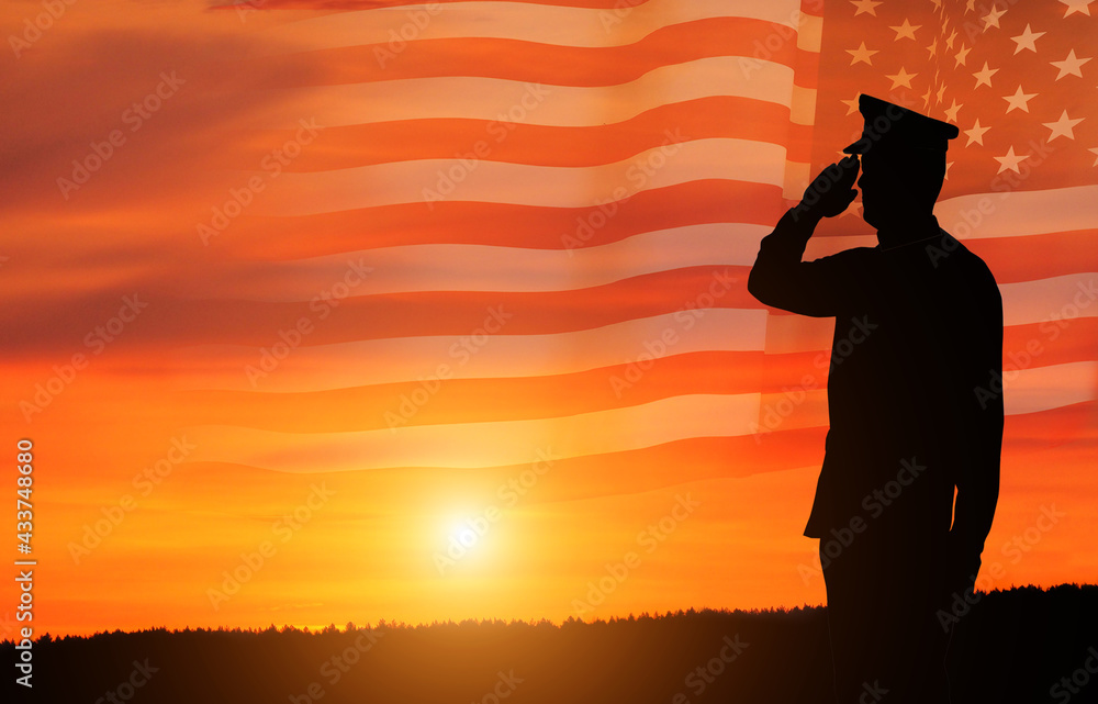 USA army soldier with nation flag. Greeting card for Veterans Day , Memorial Day, Independence Day . America celebration.
