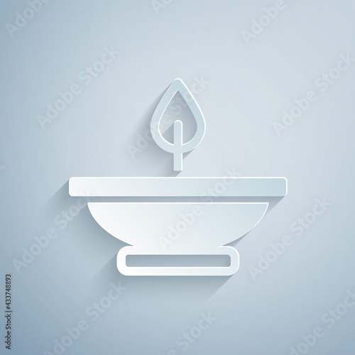 Paper cut Aroma lamp icon isolated on grey background. Paper art style. Vector