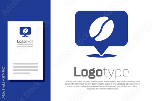 Blue Location with coffee bean icon isolated on white background. Logo design template element. Vector