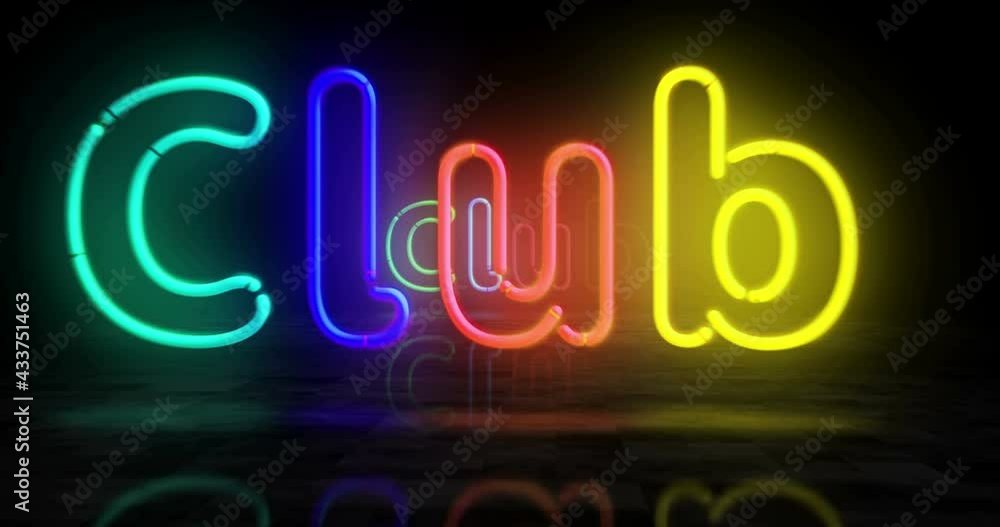 Club symbol neon symbol. Light color bulbs with retro sign. Abstract concept 3d flying through the tunnel animation. Club symbol neon symbol. Light color bulbs with retro sign. Abstract concept 3d flying through the tunnel animation.
