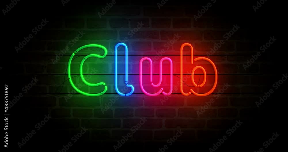 Club neon symbol on brick wall. Light color bulbs with retro sign. Loopable and seamless abstract concept animation. Club neon symbol on brick wall. Light color bulbs with retro sign. Loopable and seamless abstract concept animation.