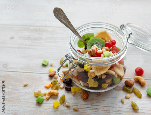 Glass jar with various dried fruits and nuts