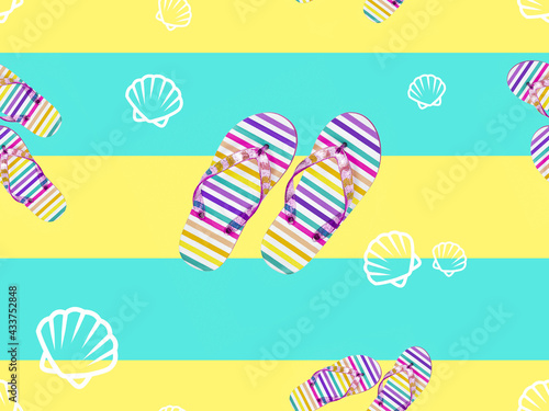 Seamless summer pattern in blue and yellow stripes with bright slippers and shells