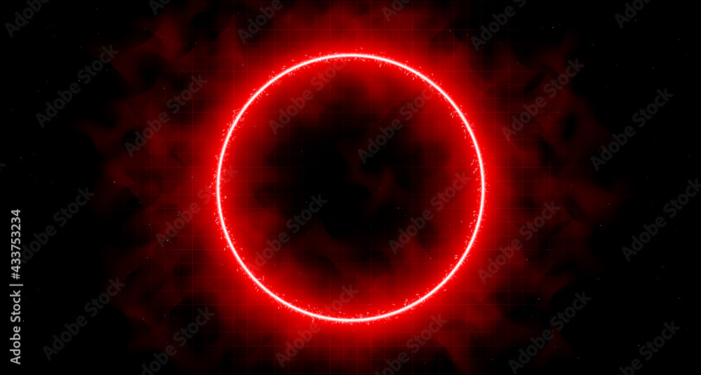 Neon laser vibrant circle with sparks, haze, and laser grid on starry space background. Red vivid round shape. Cyberspace. Futuristic sci-fi background design for music and cybersport events.