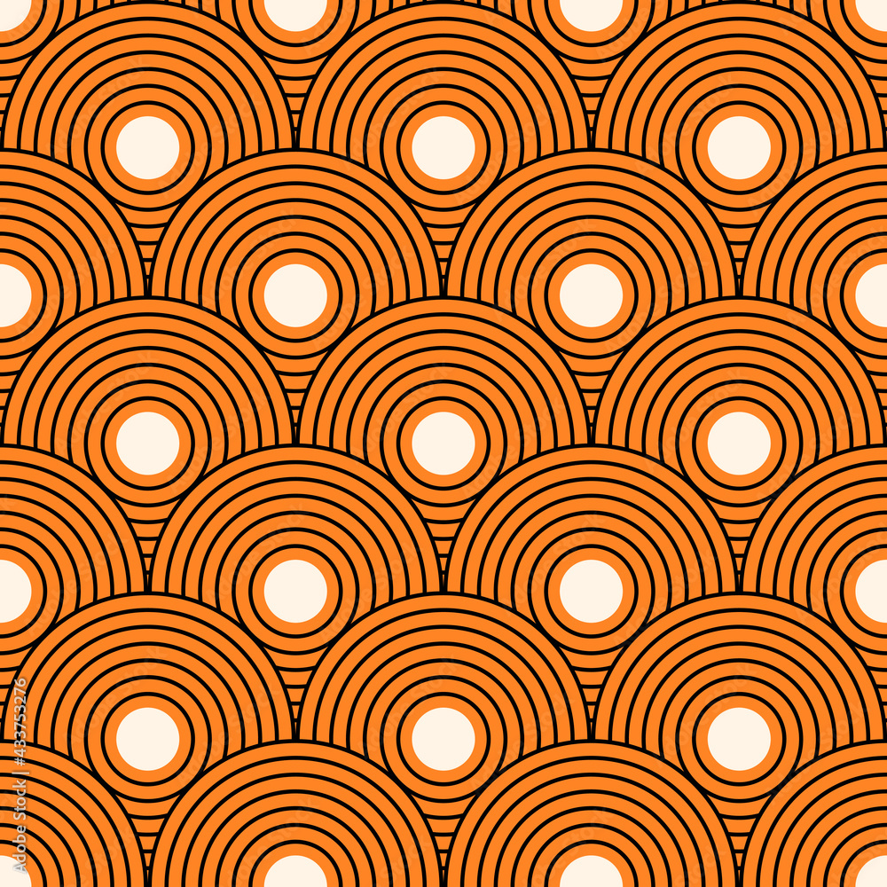 Fototapeta premium Seamless pattern with geometric shapes. Mid century art print. Vector illustration. Orange background.