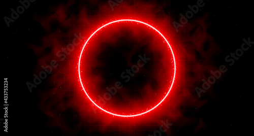 Neon laser vibrant circle with sparks, haze, and laser grid on starry space background. Red vivid round shape. Cyberspace. Futuristic sci-fi background design for music and cybersport events.