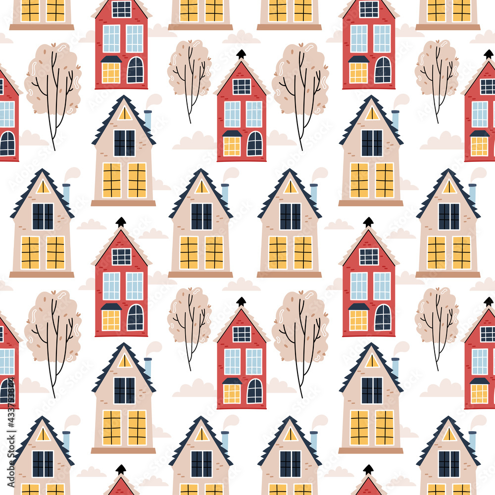 Pattern in Scandinavian houses. Nice illustration. Cozy atmosphere. Autumn mood.