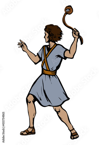 David throws a stone from the sling. Vector drawing