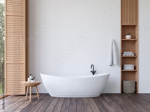 Minimal style contemporary bathroom 3d render,There are wooden floor and white empty wall ,Rooms have large windows, overlook nature view.