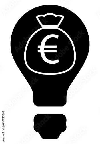 El precio de la luz en euros. Icono de bombilla con un saco de euros en blanco y negro sobre fondo negro