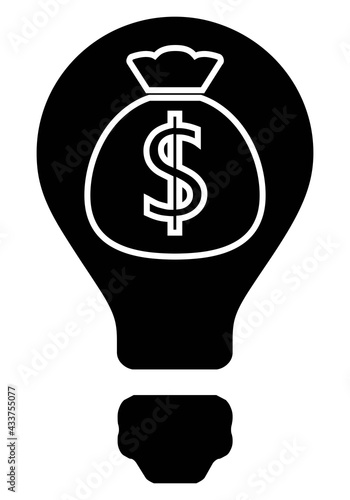 El precio de la luz en dólares. Icono de bombilla con un saco de euros en blanco y negro sobre fondo negro
