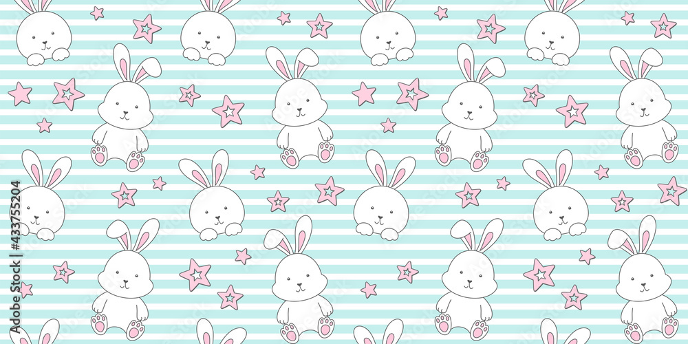White rabbit and pink stars on a turquoise striped background. Endless texture with bunny, tiny hare. Vector seamless pattern for wallpaper, cover, wrapping paper, packaging, surface texture and print White rabbit and pink stars on a turquoise striped background. Endless texture with bunny, tiny hare. Vector seamless pattern for wallpaper, cover, wrapping paper, packaging, surface texture and print