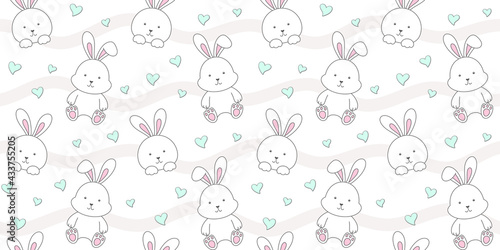 Cute rabbit and small hearts on a white background with waves. Endless texture with bunny, tiny hare. Vector seamless pattern for wallpaper, cover, wrapping paper, packaging, surface texture and print
